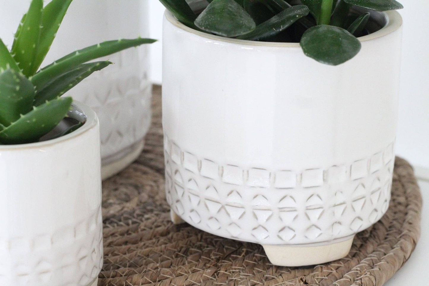 White Patterned Footed Pot