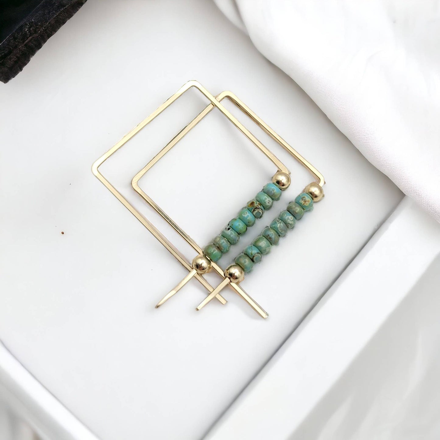 Gold Filled Geometric Turquoise Beaded Hoops