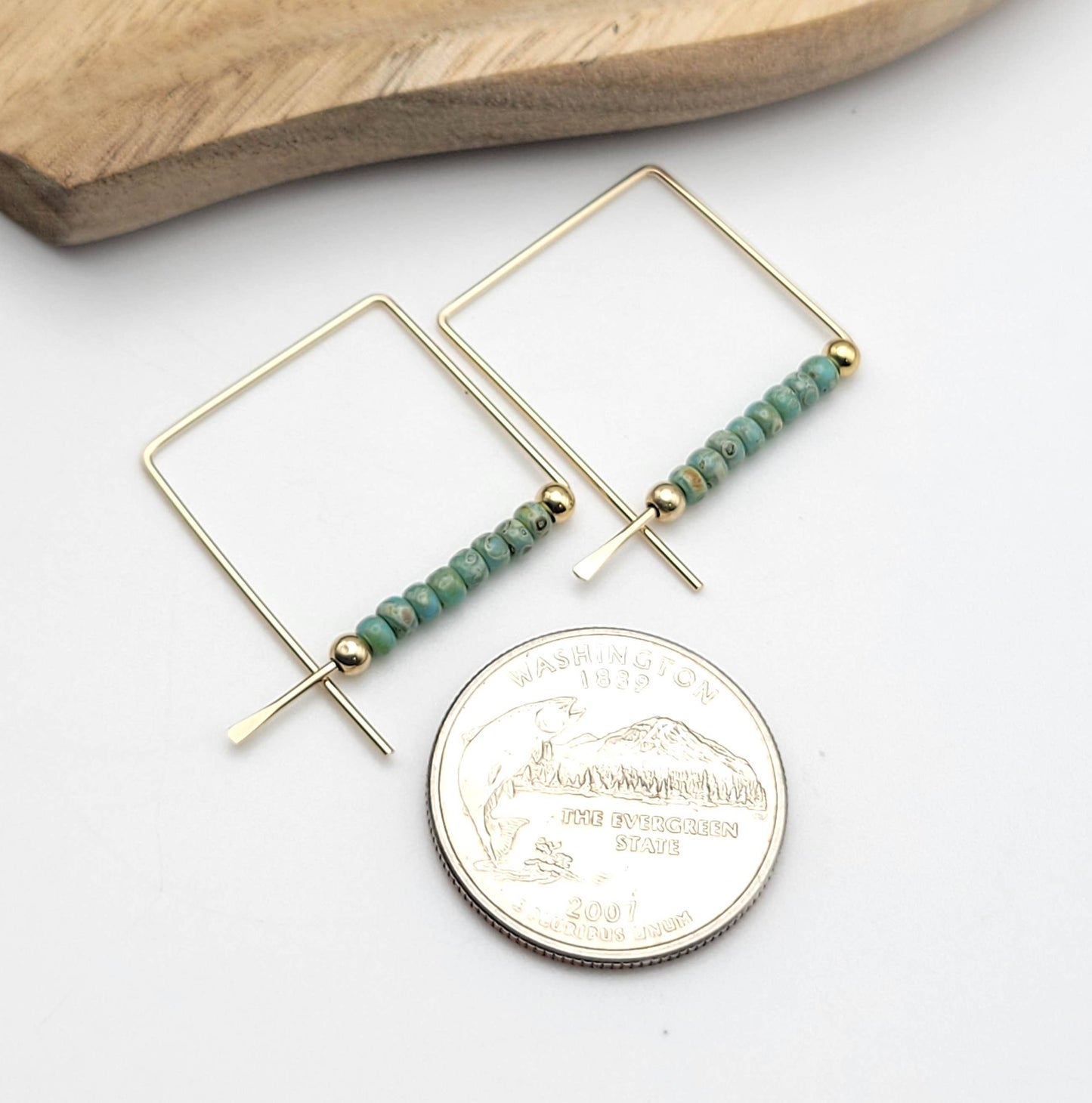 Gold Filled Geometric Turquoise Beaded Hoops