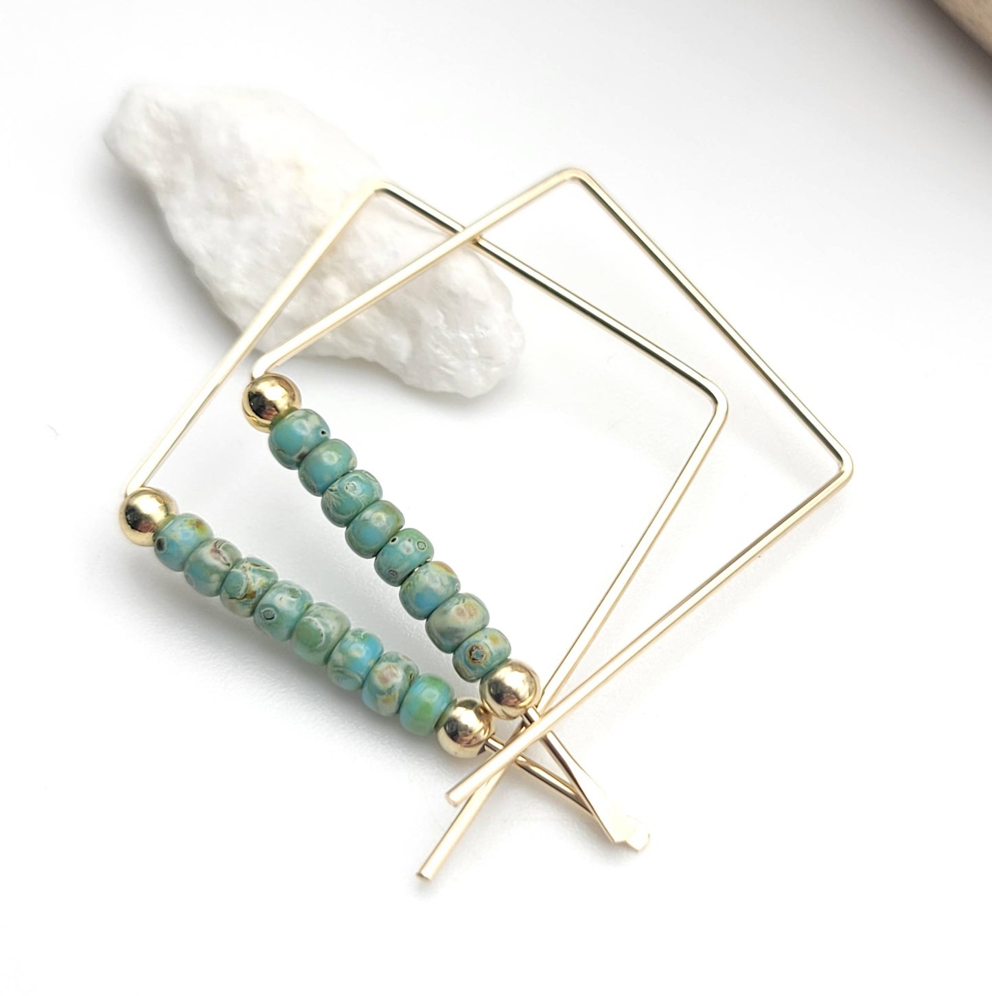 Gold Filled Geometric Turquoise Beaded Hoops
