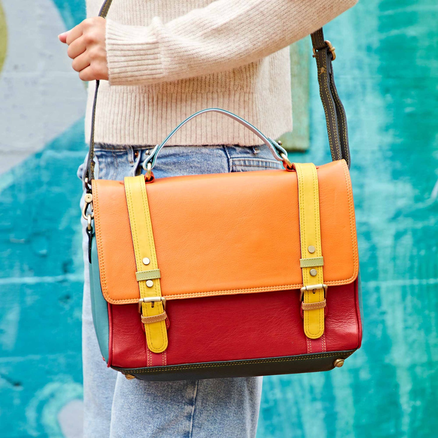 Recycled Leather Multicoloured Large Hand Bag - Handmade