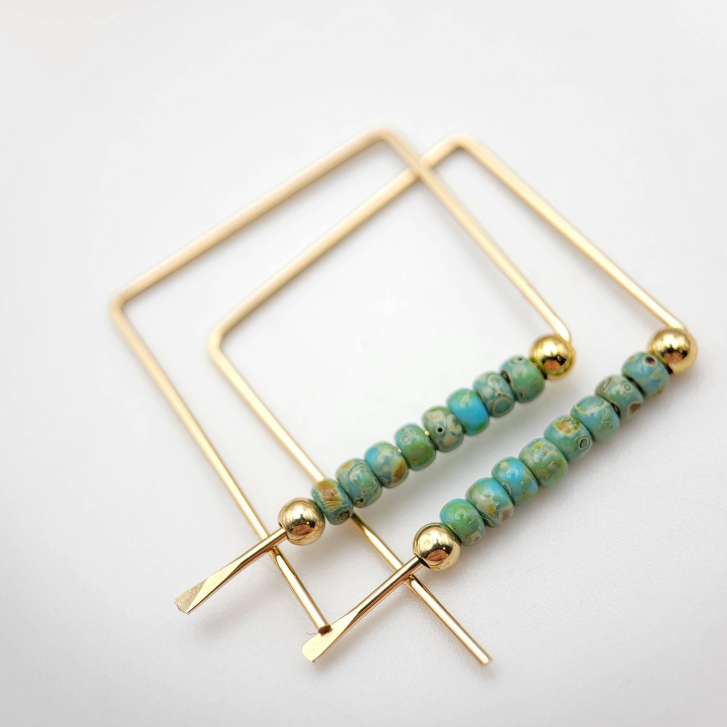 Gold Filled Geometric Turquoise Beaded Hoops
