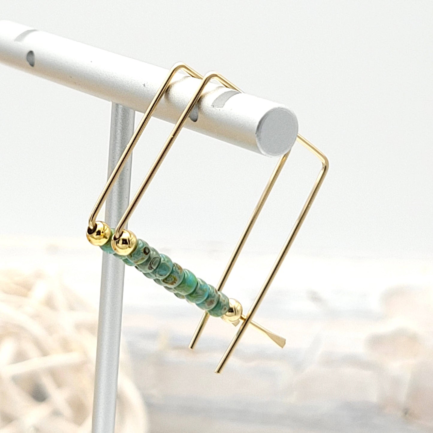 Gold Filled Geometric Turquoise Beaded Hoops