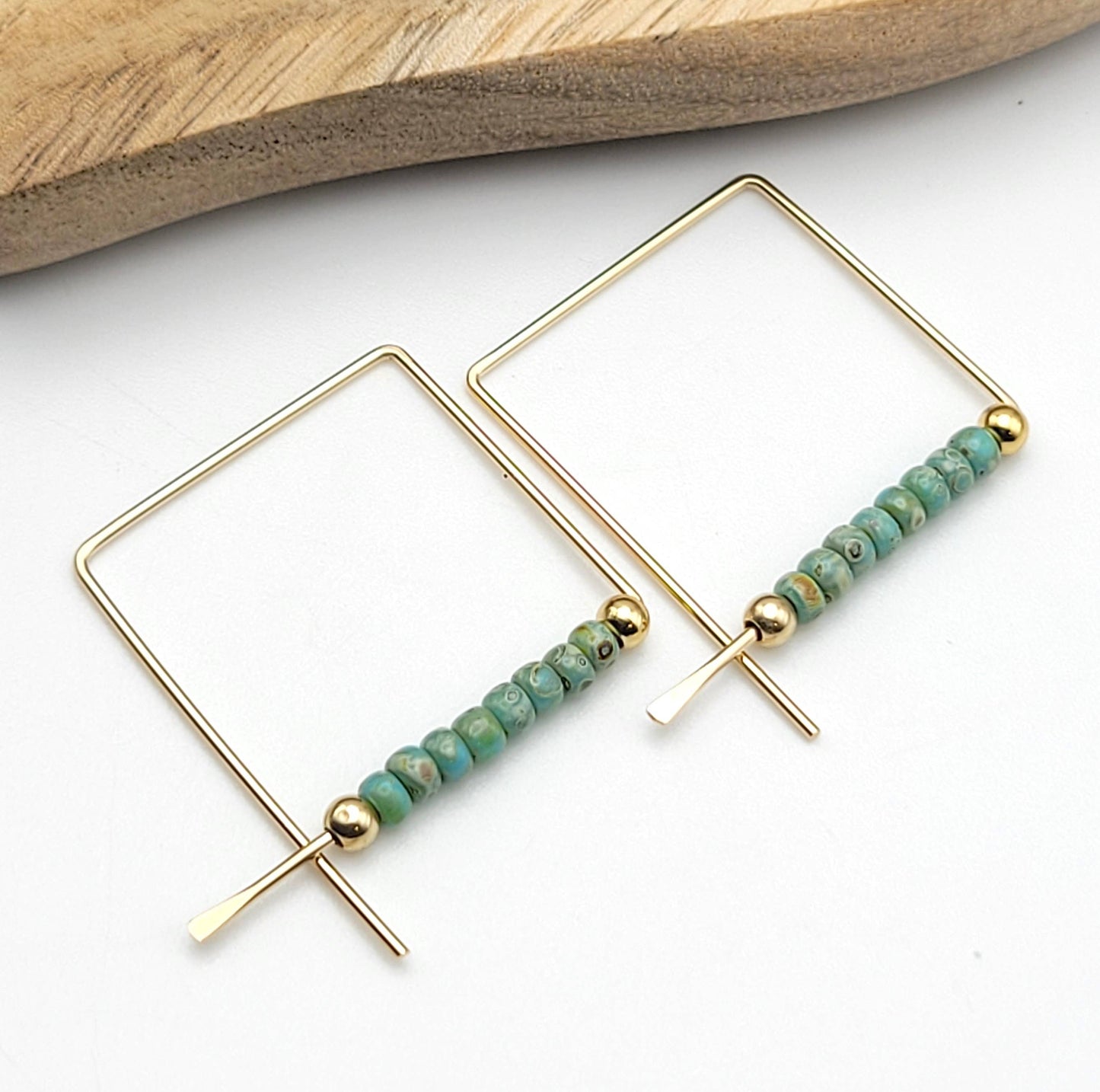 Gold Filled Geometric Turquoise Beaded Hoops