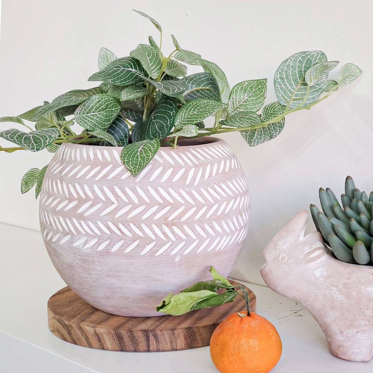 Hand Etched Globe Terracotta Pot