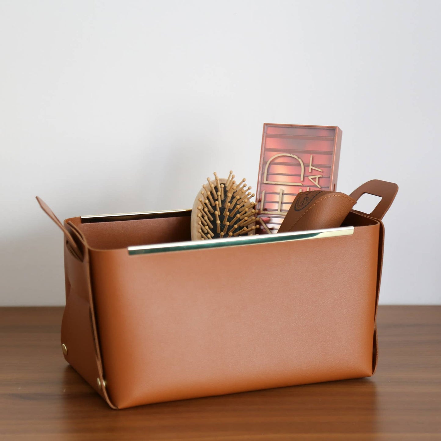 Leather Storage Basket With Metal Edge