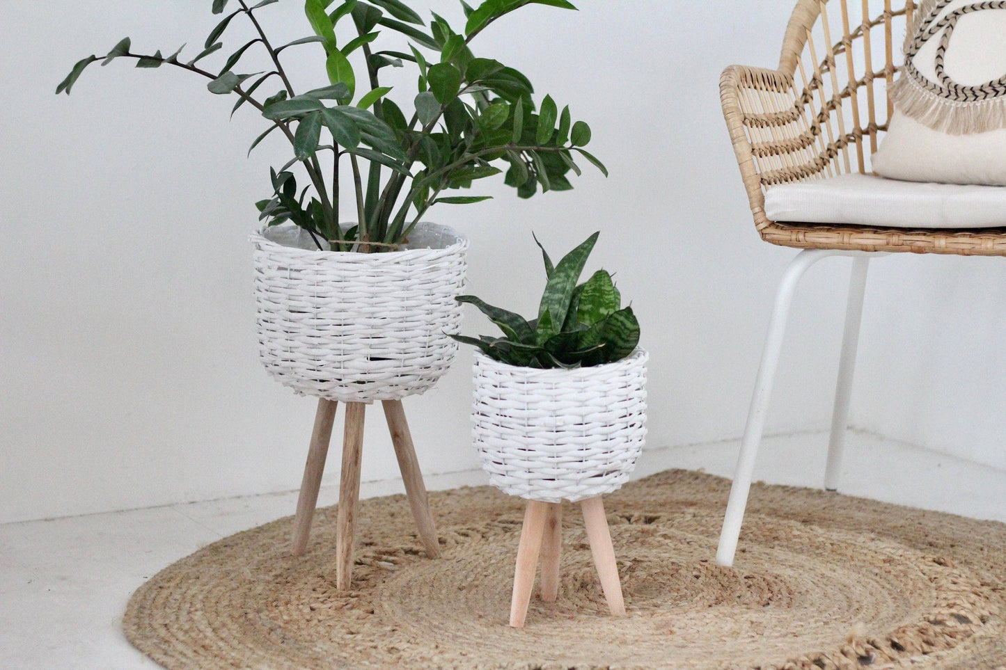White Boho Woven Plant Stand