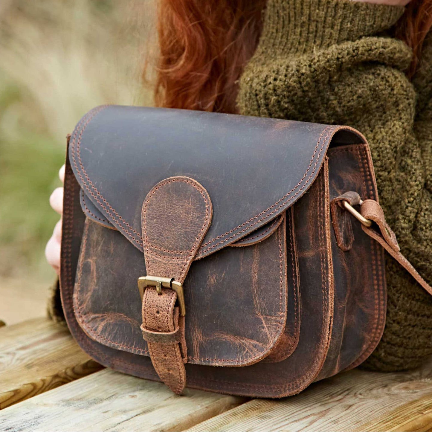 Curved Brown Leather Saddle Bag