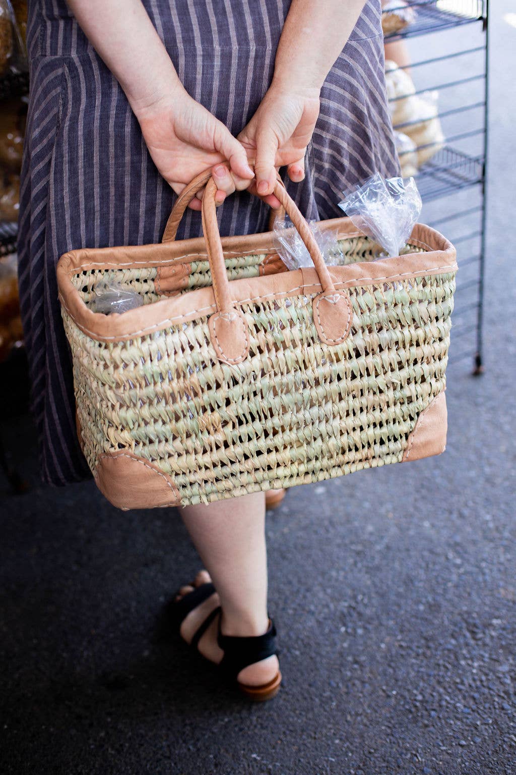 Open Weave Basket Tote W/ Leather Trim