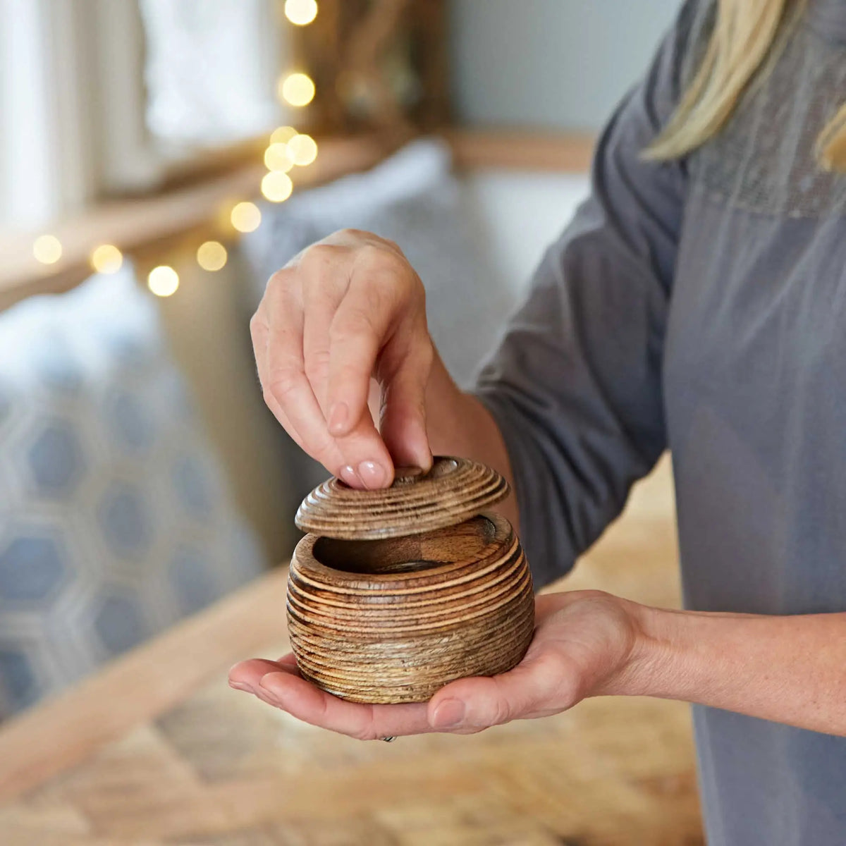 Carved Mango Wood Bowl & Lid