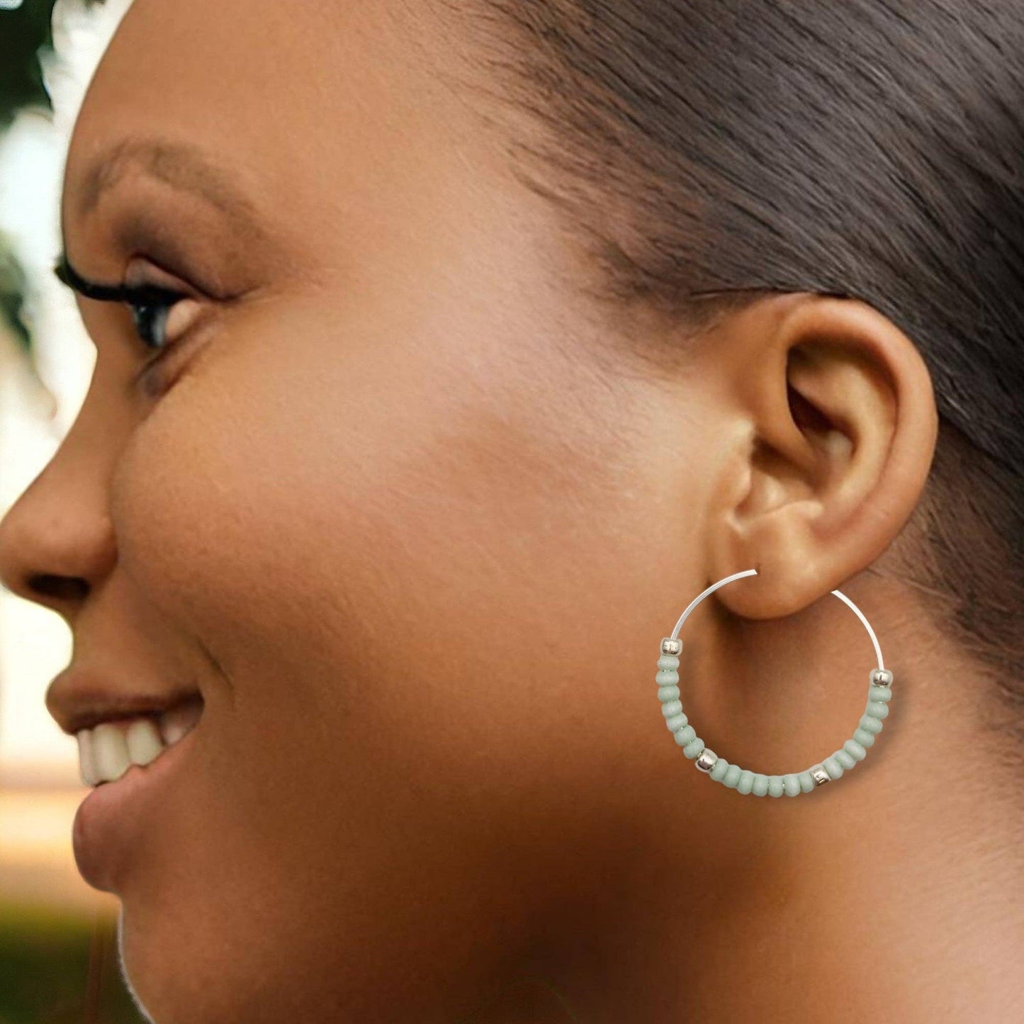 Sterling Silver & Mint Bead Hoop Earrings