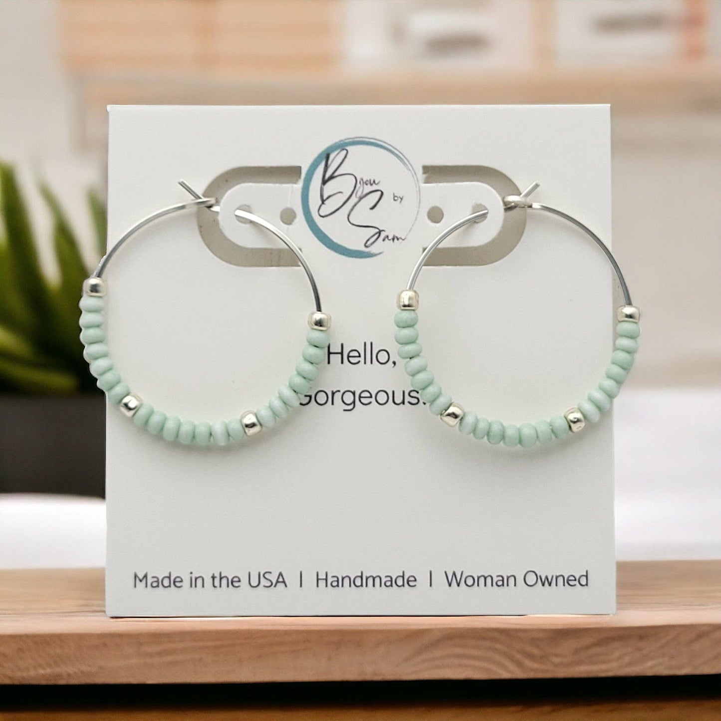 Sterling Silver & Mint Bead Hoop Earrings