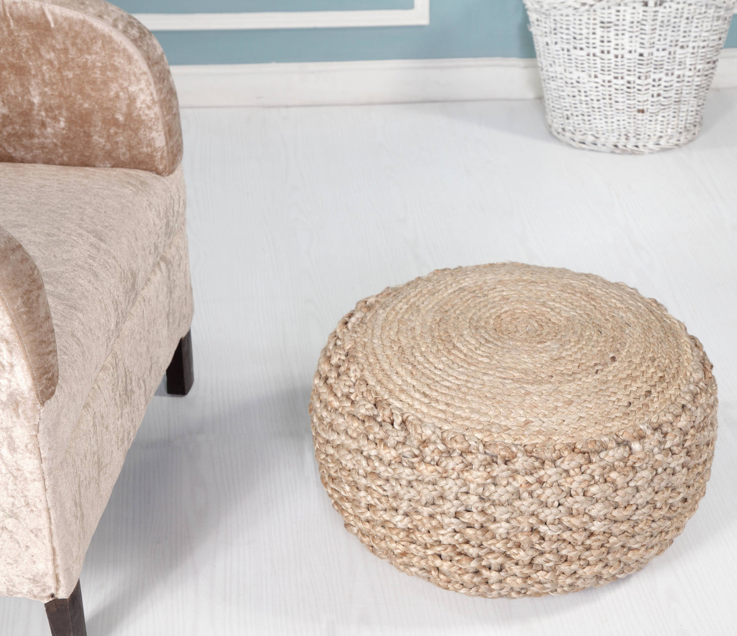 Natural Braided Jute Pouf: Tan