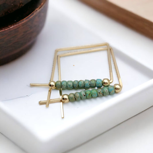 Gold Filled Geometric Turquoise Beaded Hoops