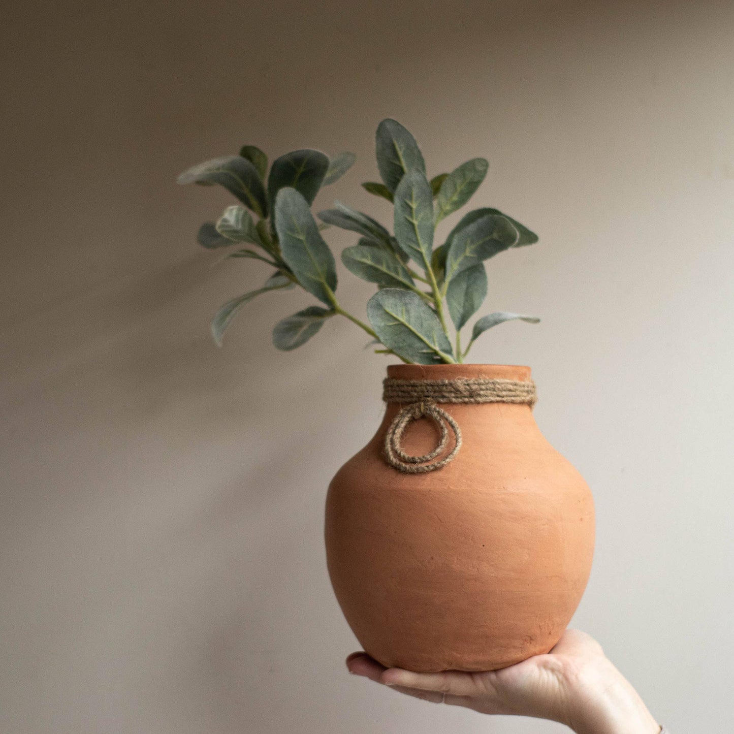 Terracotta Decorative Vase with Jute Neck Detail