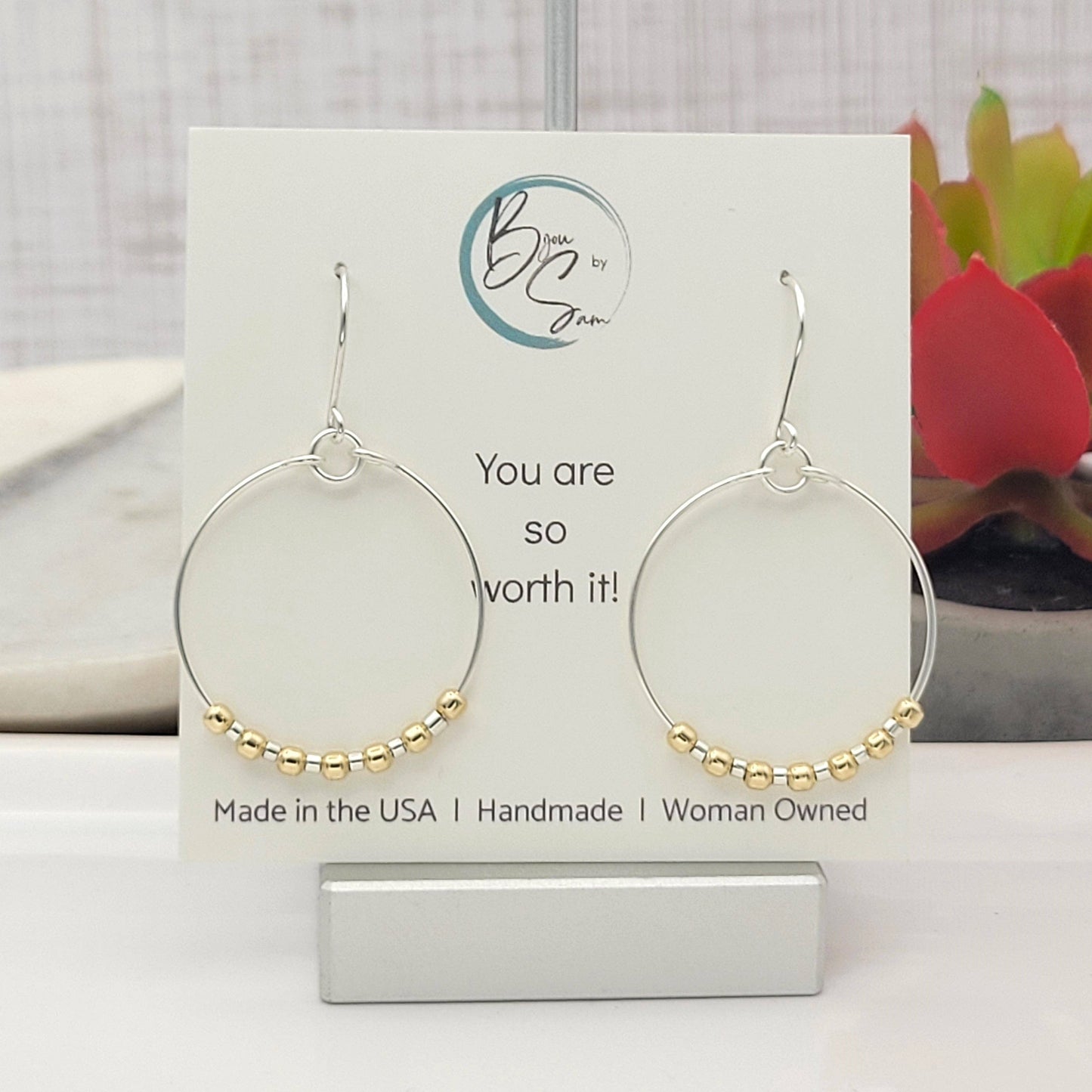 Silver Hoop & Gold Beaded Earrings