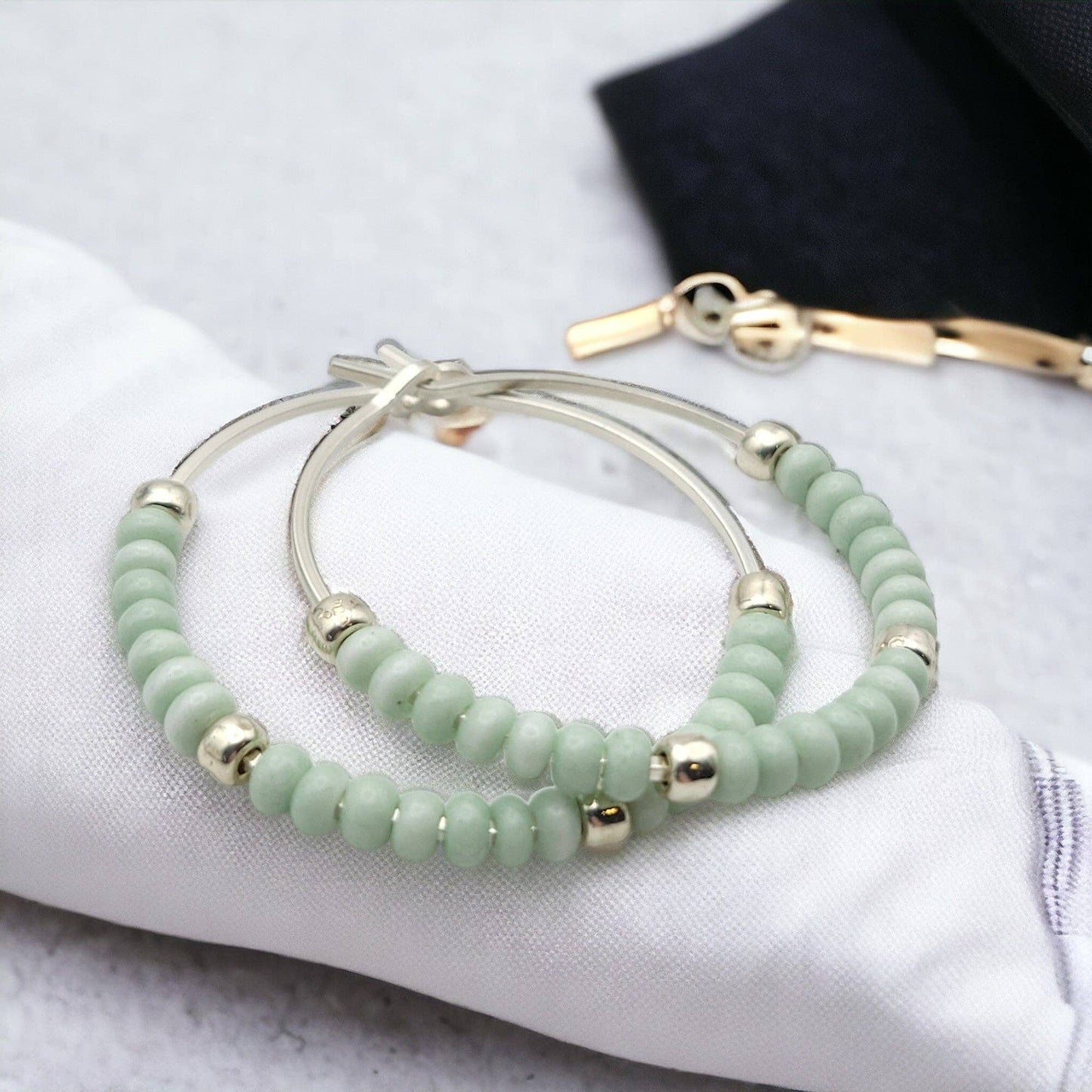 Sterling Silver & Mint Bead Hoop Earrings