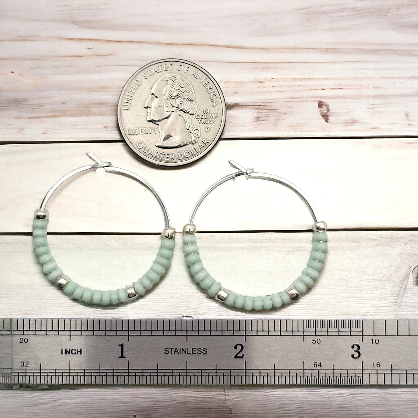 Sterling Silver & Mint Bead Hoop Earrings