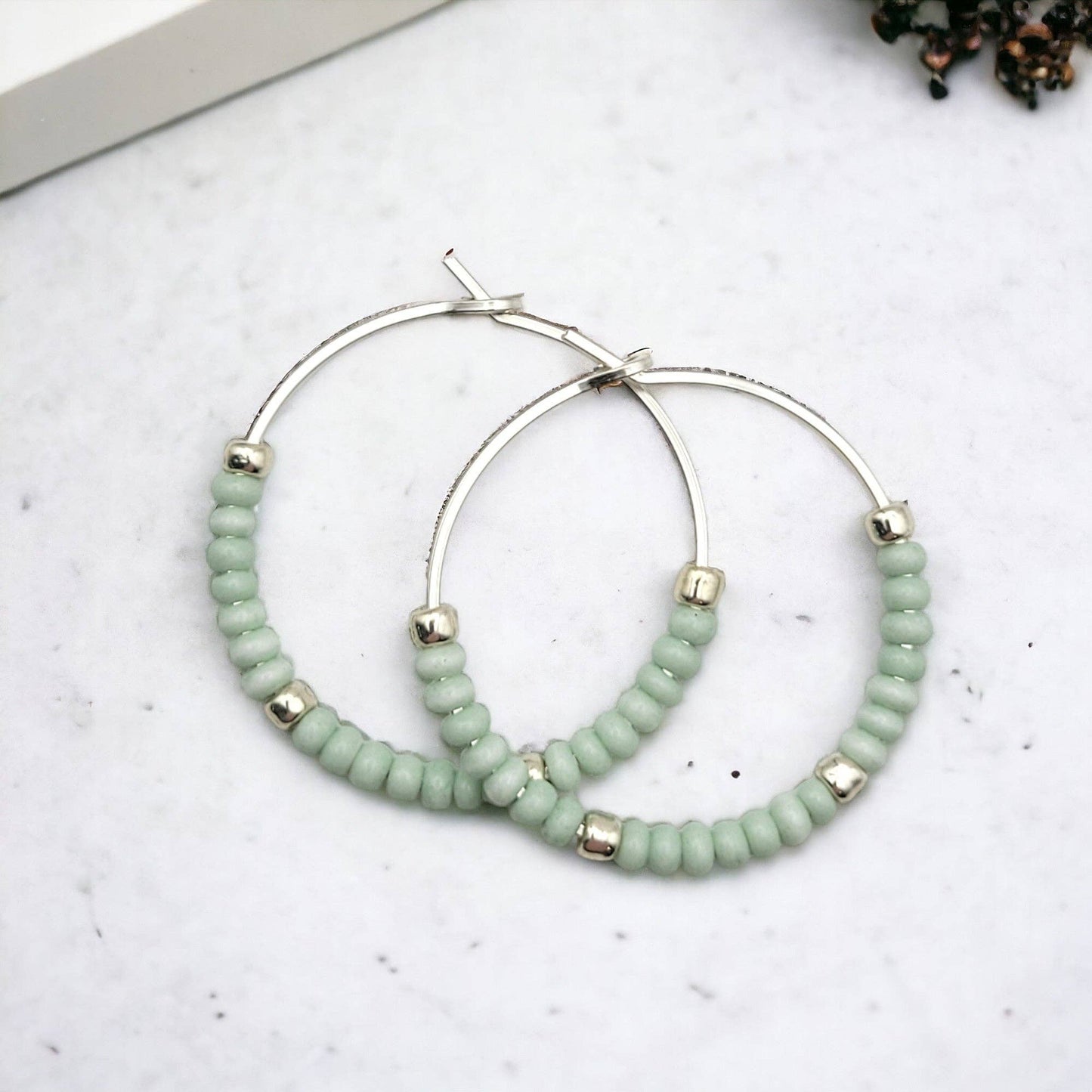 Sterling Silver & Mint Bead Hoop Earrings