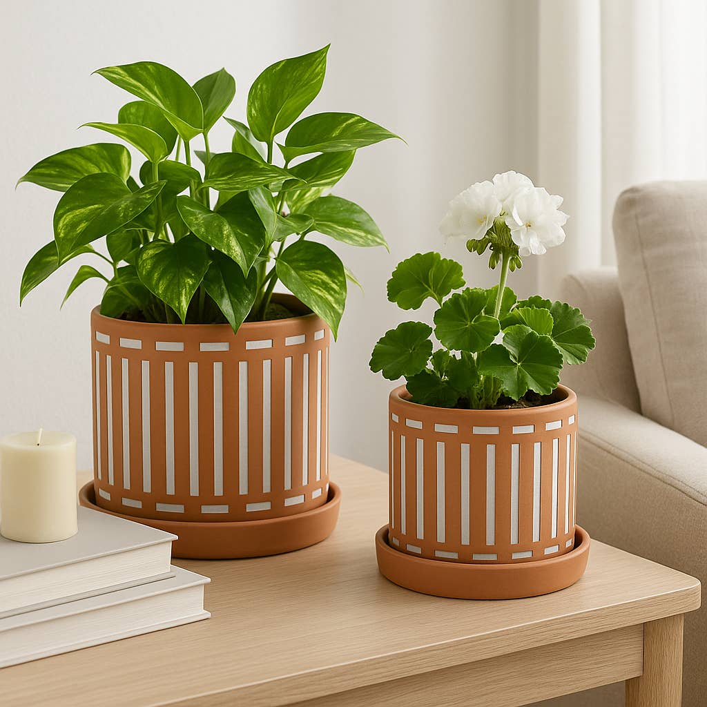 Ceramic Orange Striped Pot & Saucer