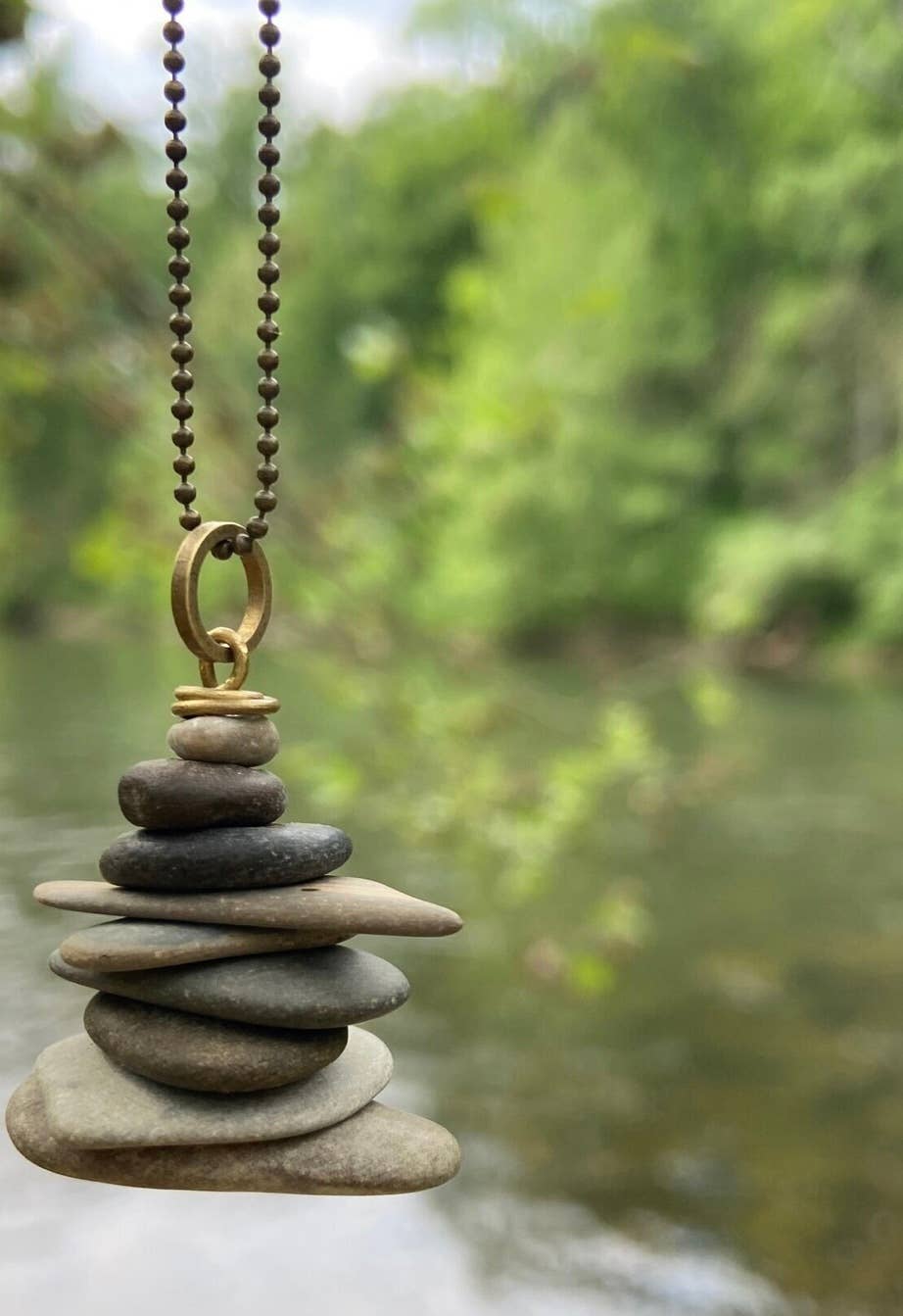 Brass & River Rock Cairn Necklace