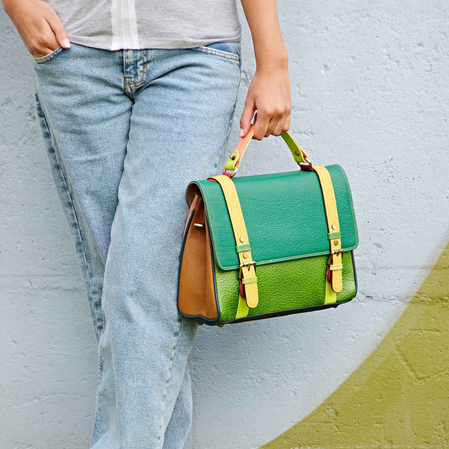 Recycled Leather Multicoloured Large Hand Bag - Handmade