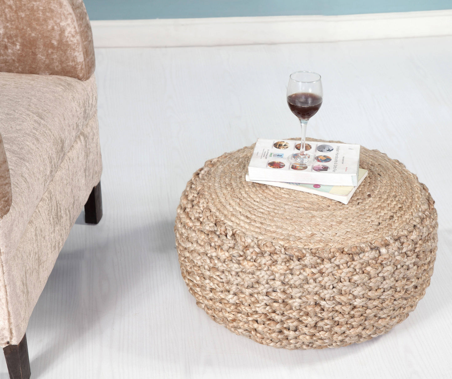 Natural Braided Jute Pouf: Tan