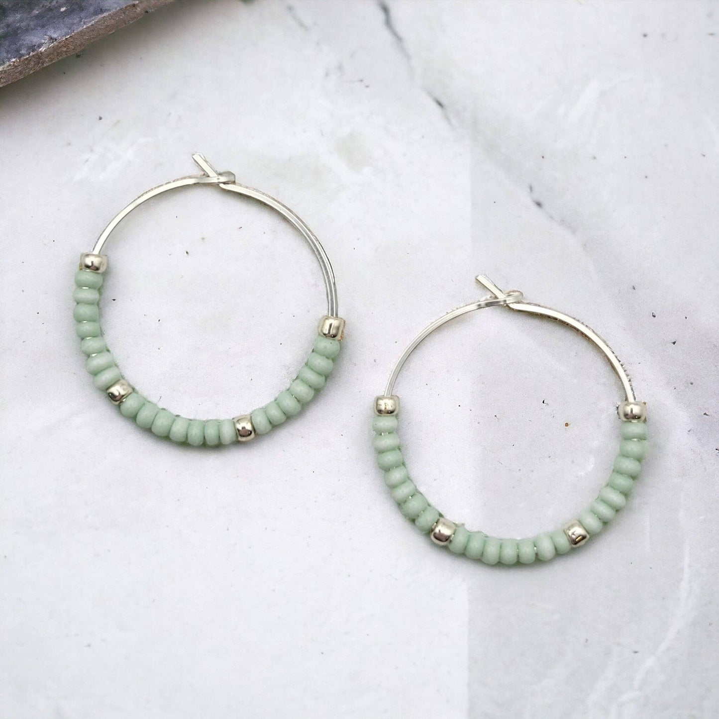 Sterling Silver & Mint Bead Hoop Earrings