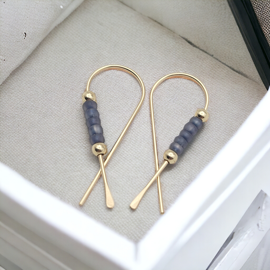 Gold Ribbon & Purple Bead Thread Earrings