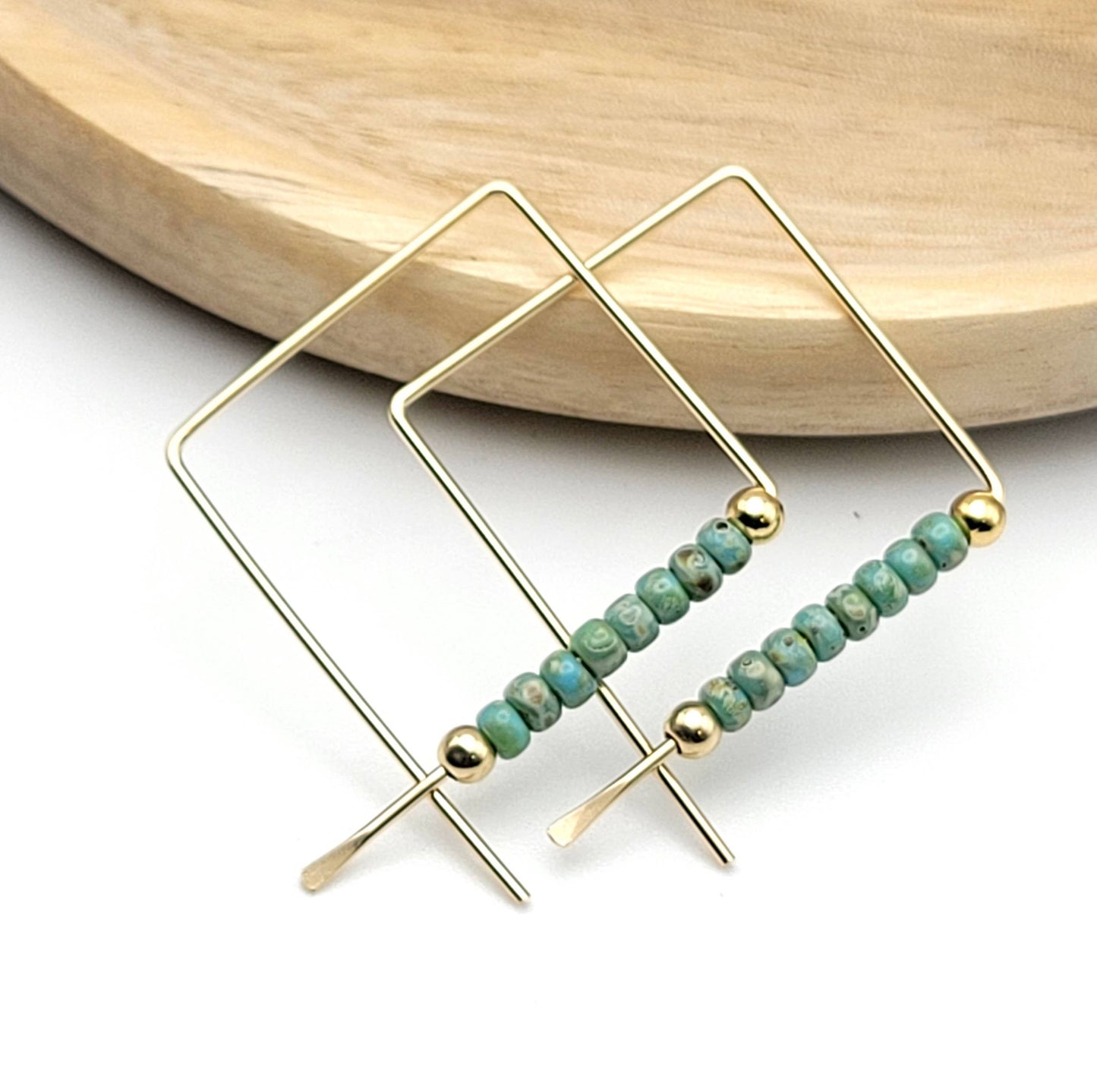 Gold Filled Geometric Turquoise Beaded Hoops