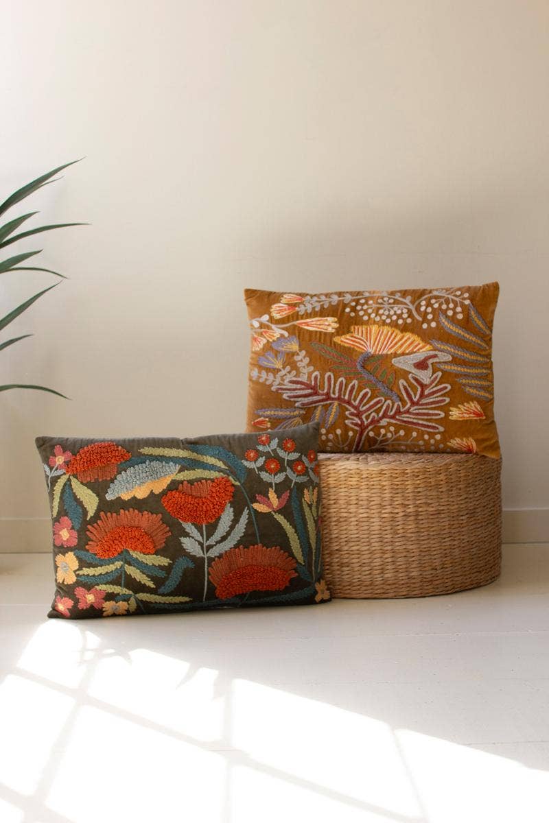 Embroidered Velvet & Cotton Pillow