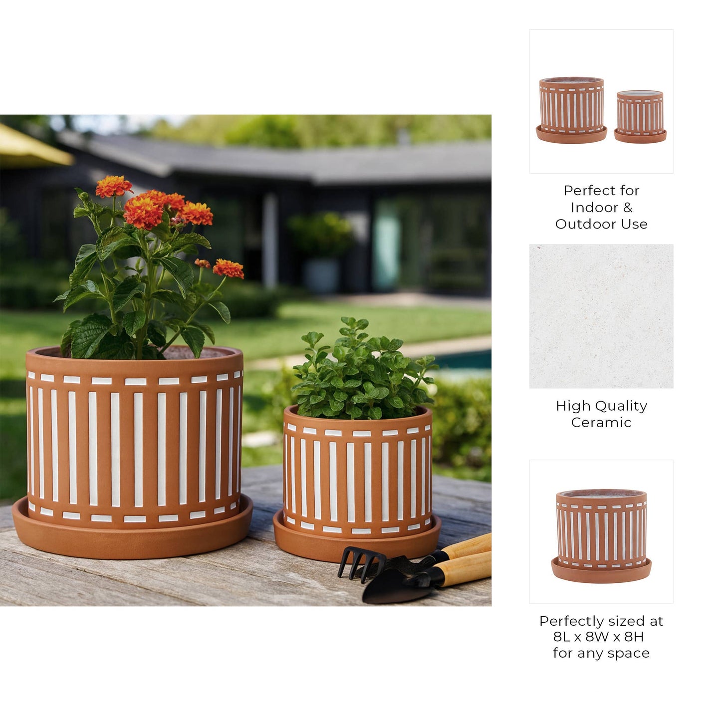 Ceramic Orange Striped Pot & Saucer