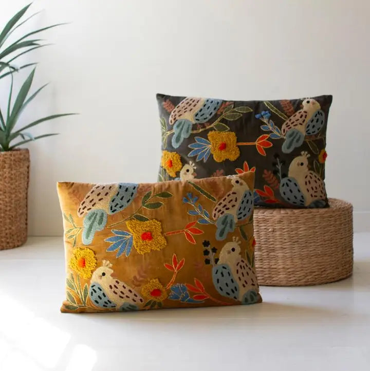 Embroidered Velvet & Cotton Pillow