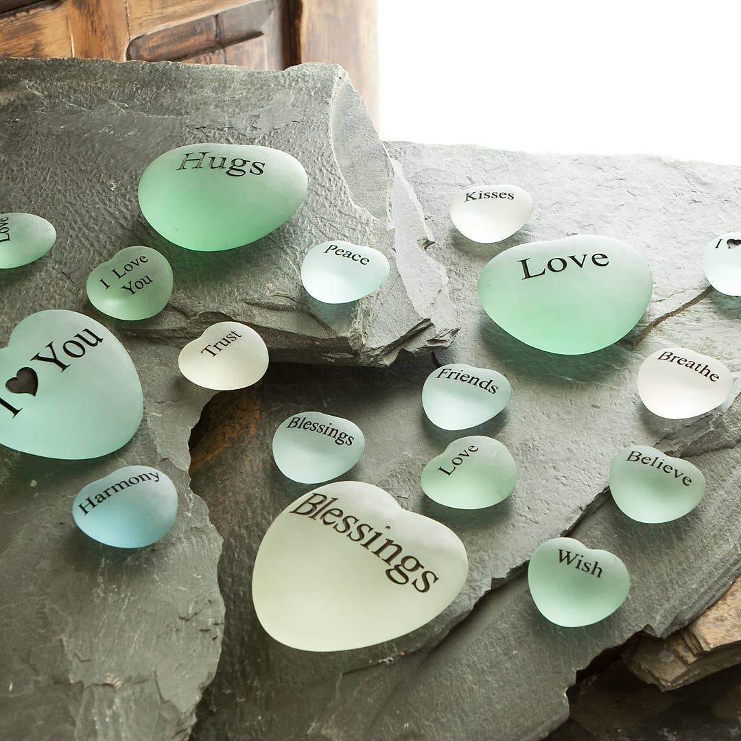 Miracle Stones - Sea Glass Heart Stones with Words: 2" W / Hugs