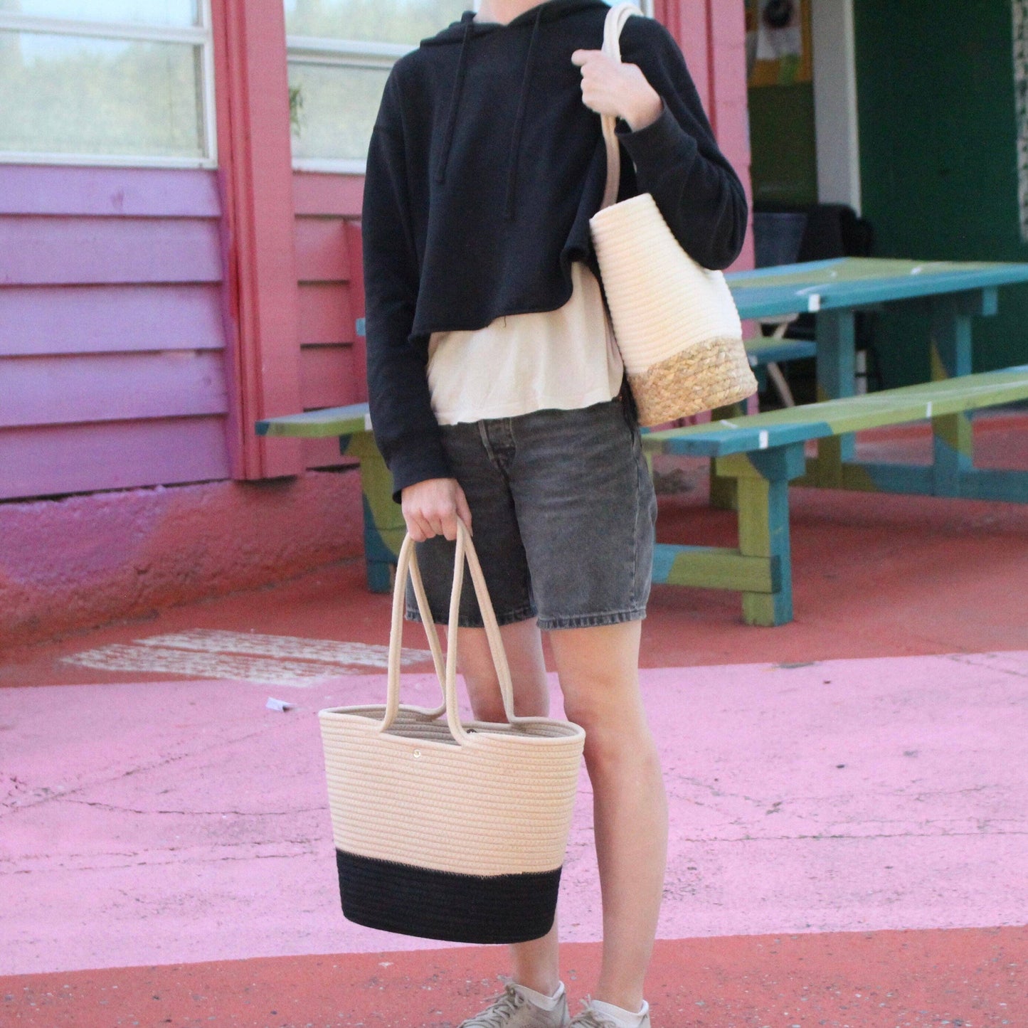 Market Tote Shoulder Bag in Jute and Cotton