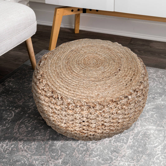 Natural Braided Jute Pouf: Tan