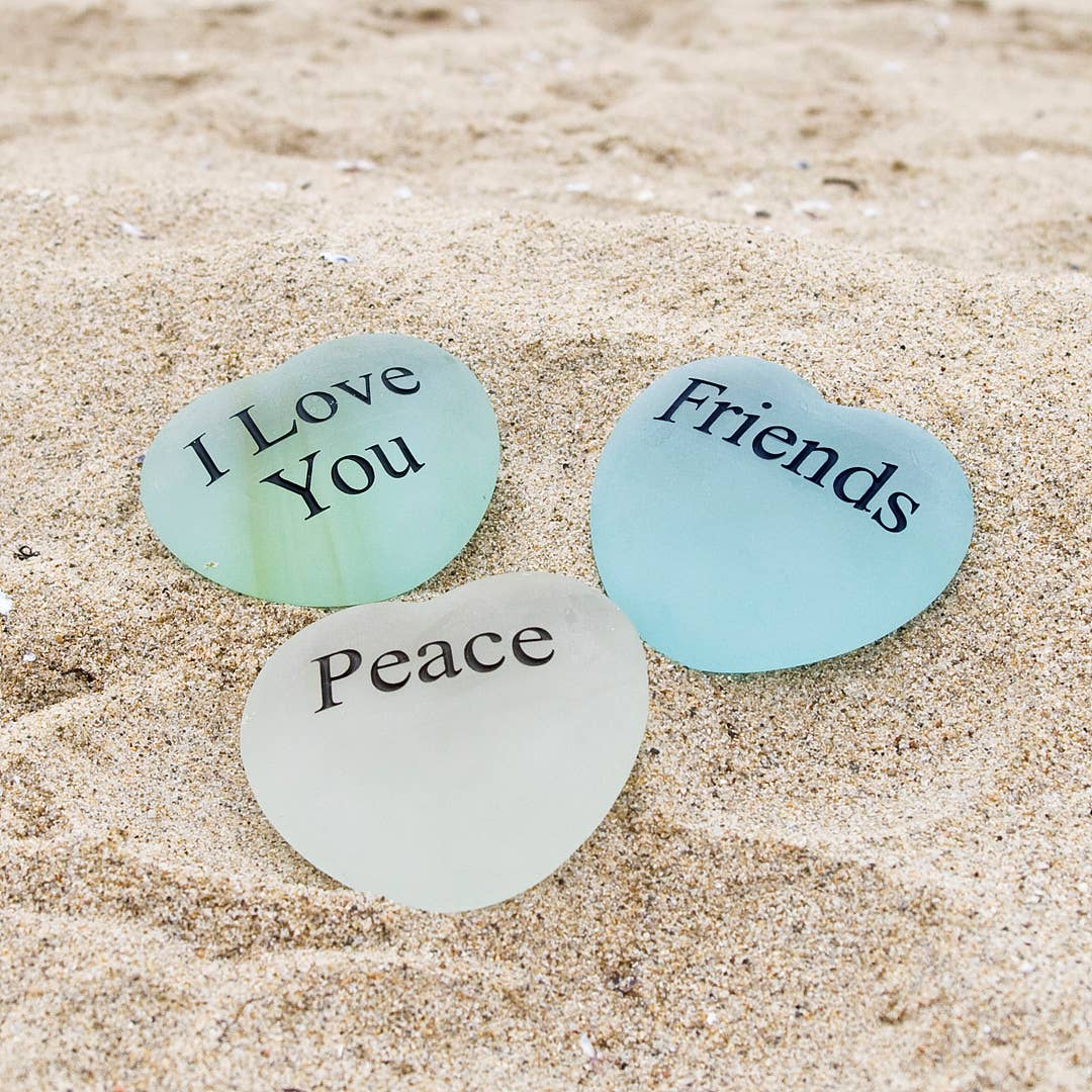Miracle Stones - Sea Glass Heart Stones with Words: 2" W / Hugs