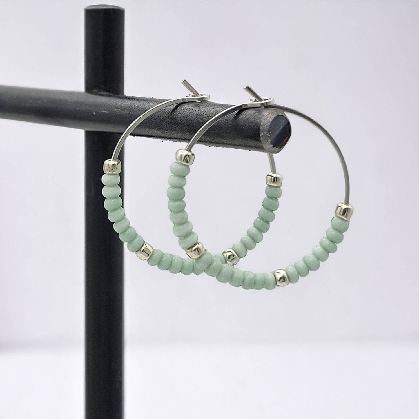 Sterling Silver & Mint Bead Hoop Earrings