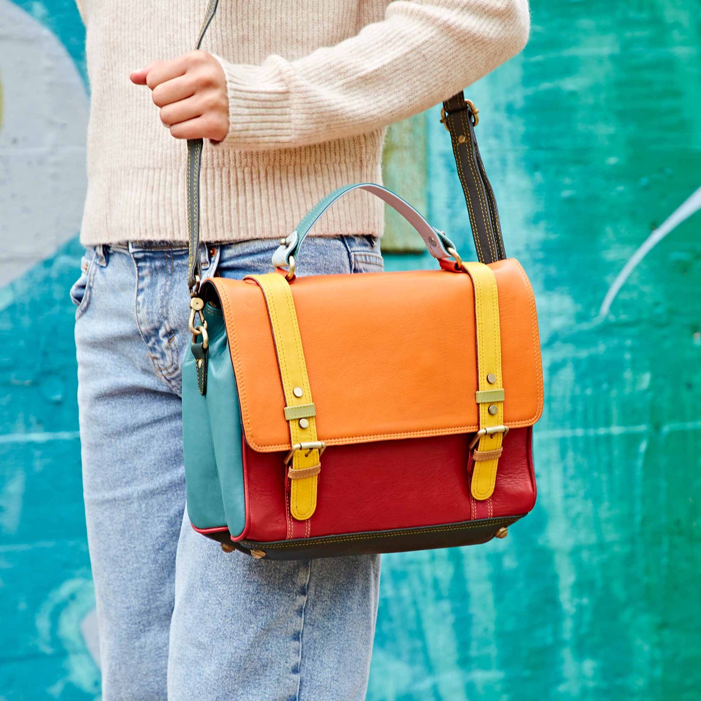 Recycled Leather Multicoloured Large Hand Bag - Handmade