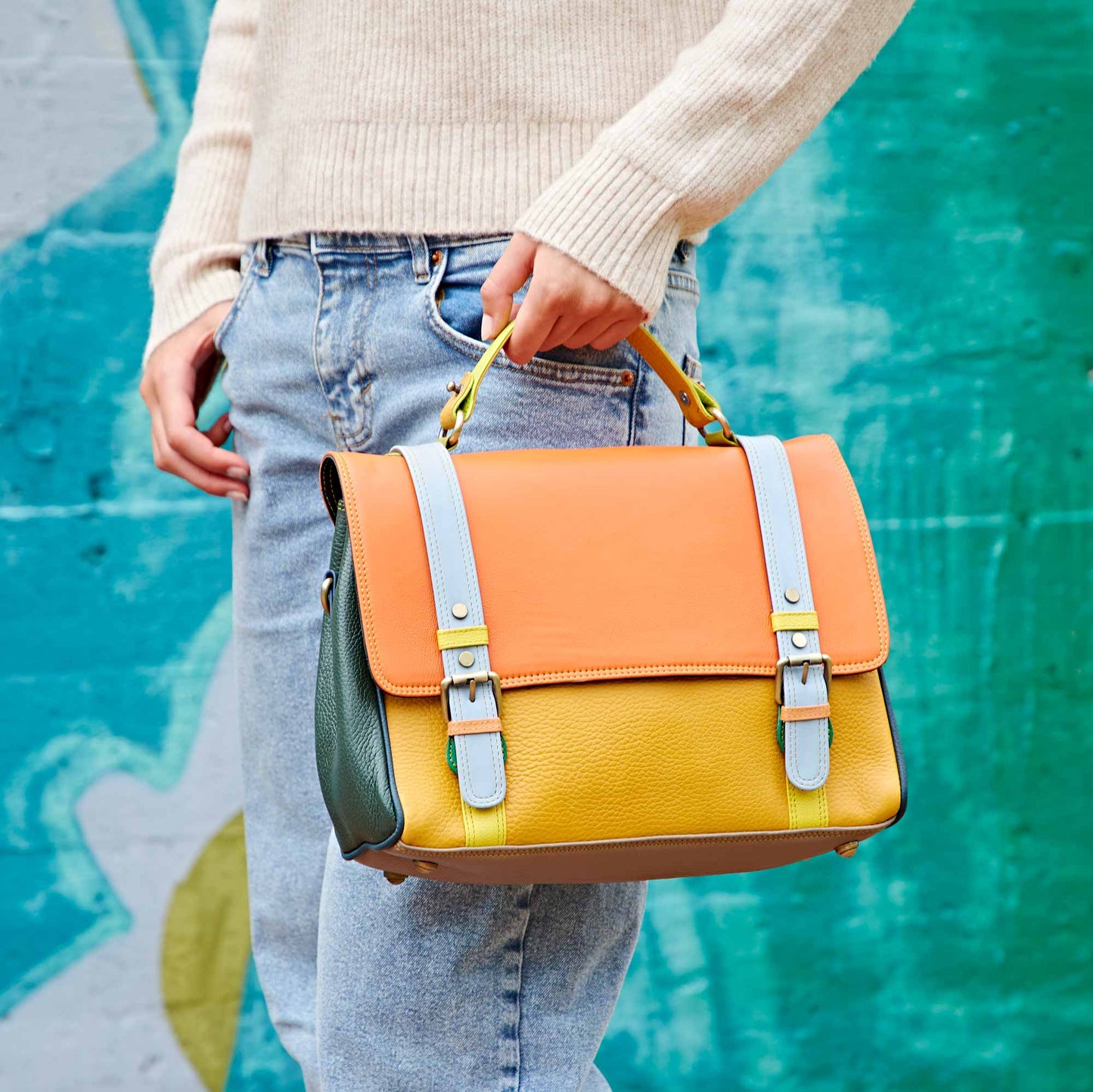 Recycled Leather Multicoloured Large Hand Bag - Handmade
