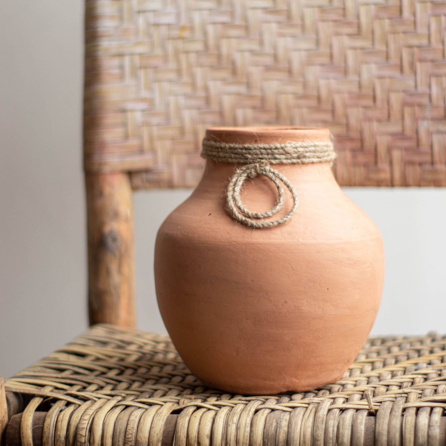 Terracotta Decorative Vase with Jute Neck Detail