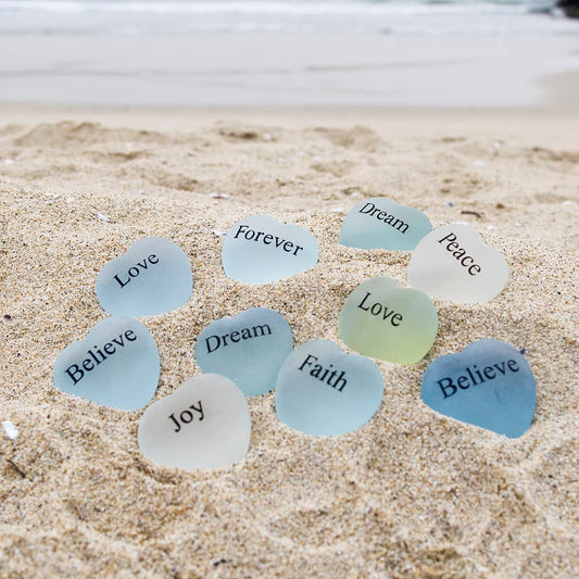 Miracle Stones - Sea Glass Heart Stones with Words: 2" W / Hugs