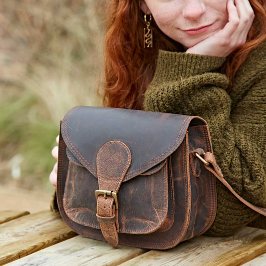 Curved Brown Leather Saddle Bag