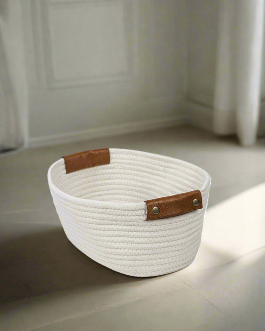 Cotton Storage basket with leather handles