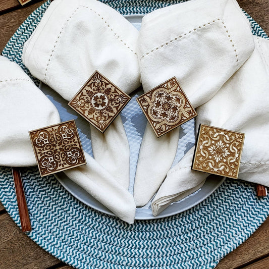 Set of 4 Portuguese Tiles Wooden Napkin Rings - Gift