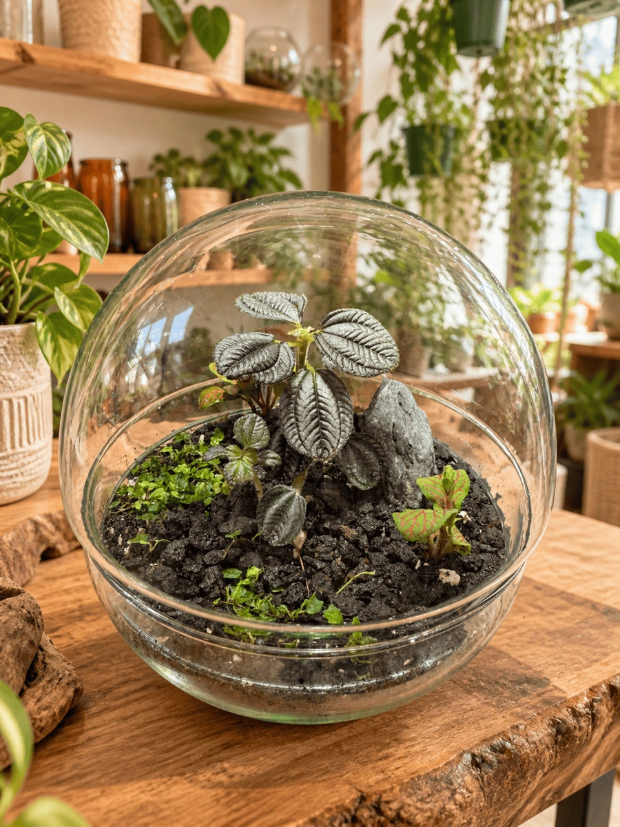 A glass globe terrarium on a wood table at INSIDE